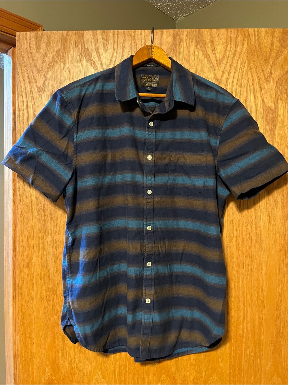 Lucky Brand Navy and Teal Striped Short-Sleeve Button-Down Shirt